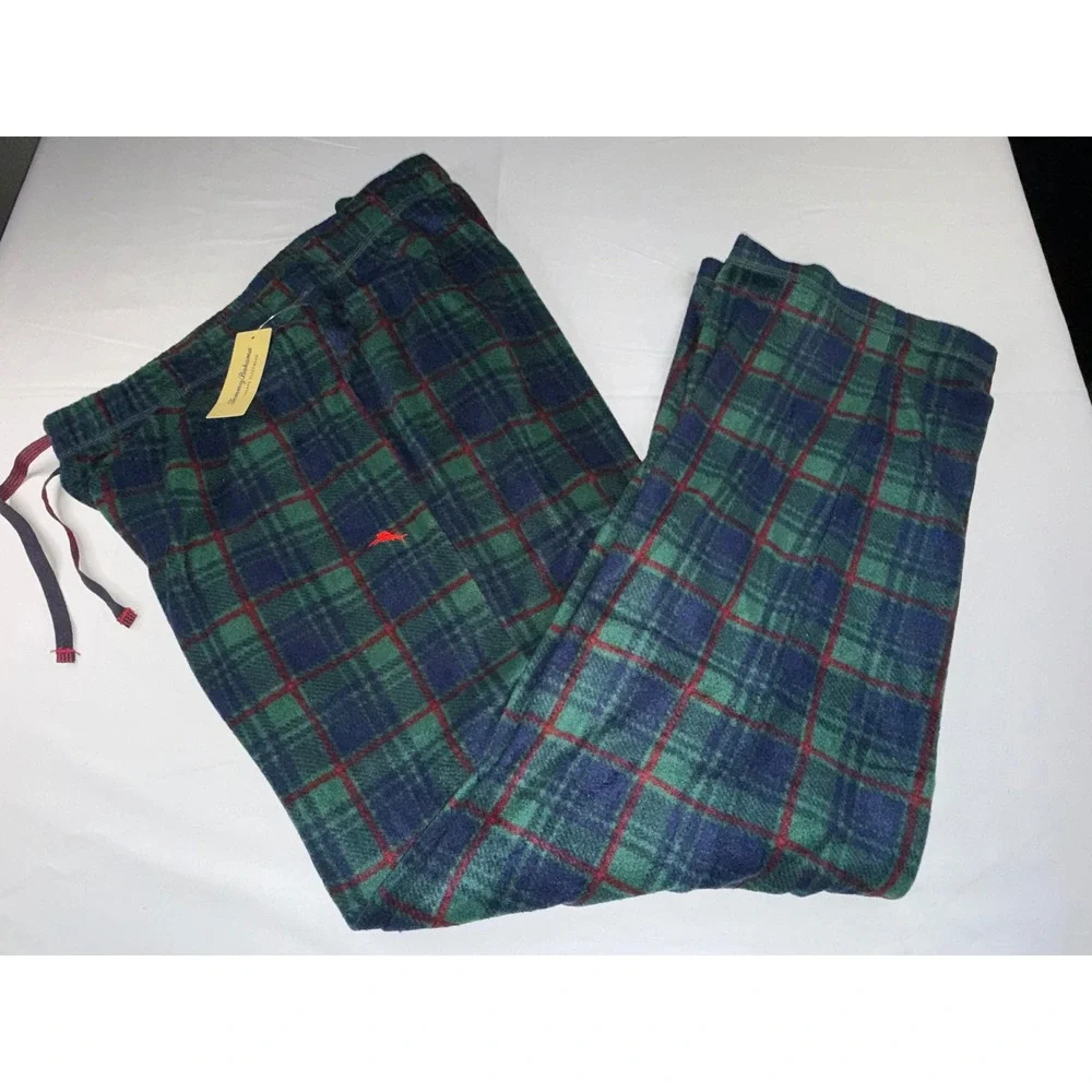 Tommy Bahama Mens Pajama Bottoms Navy Green Plaid Fleece Sleep Pants TB82298T L